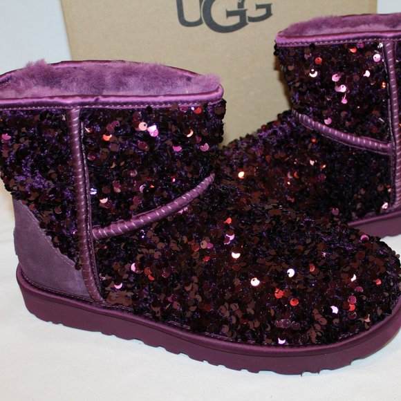 NIB UGG MINI WOMEN'S STELLAR SEQUIN SHEARLING LINED ANKLE BOOTS PORT BURGUNDY - Picture 2 of 8